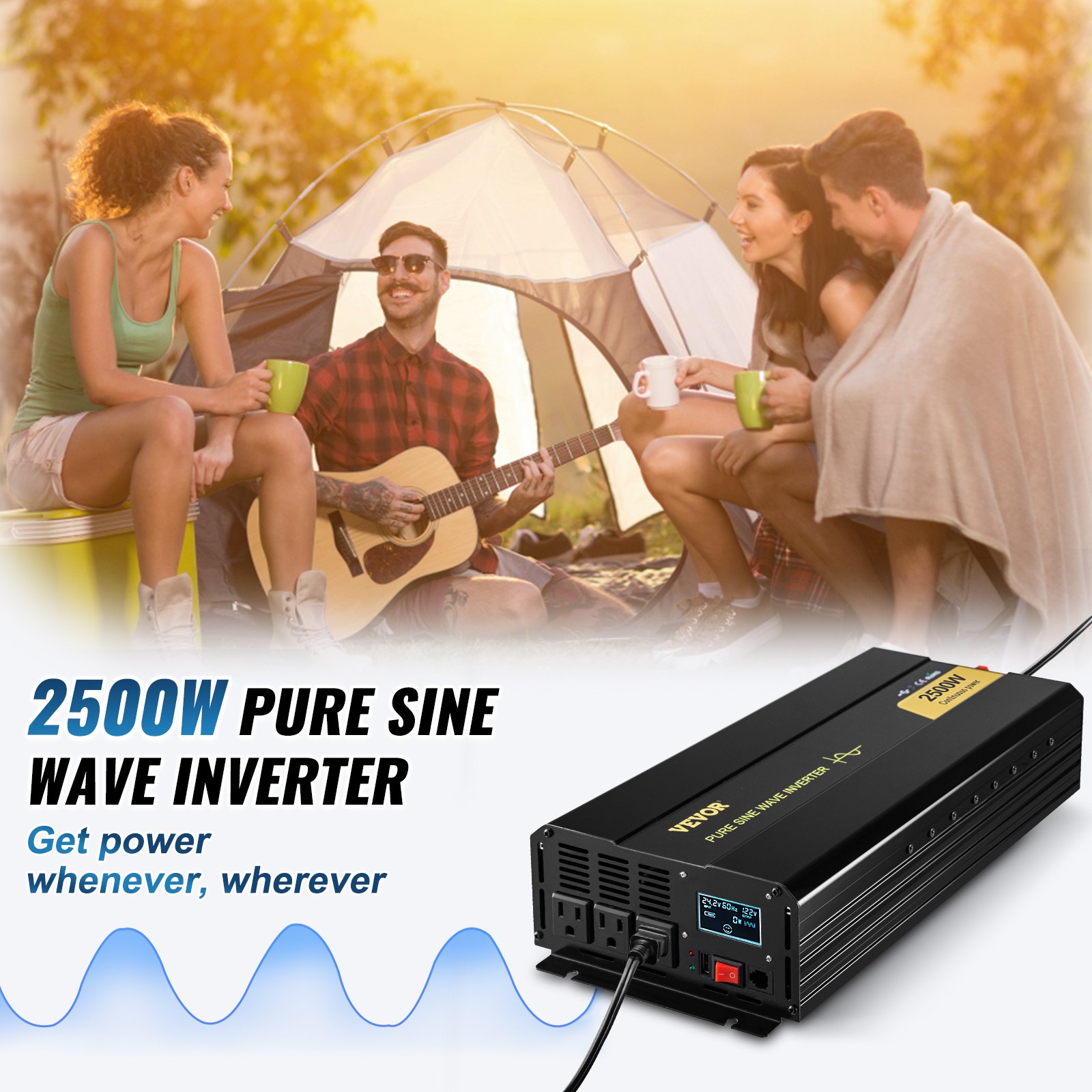 Escena de campamento con amigos disfrutando del inversor de onda sinusoidal pura VEVOR junto a una tienda de campaña.