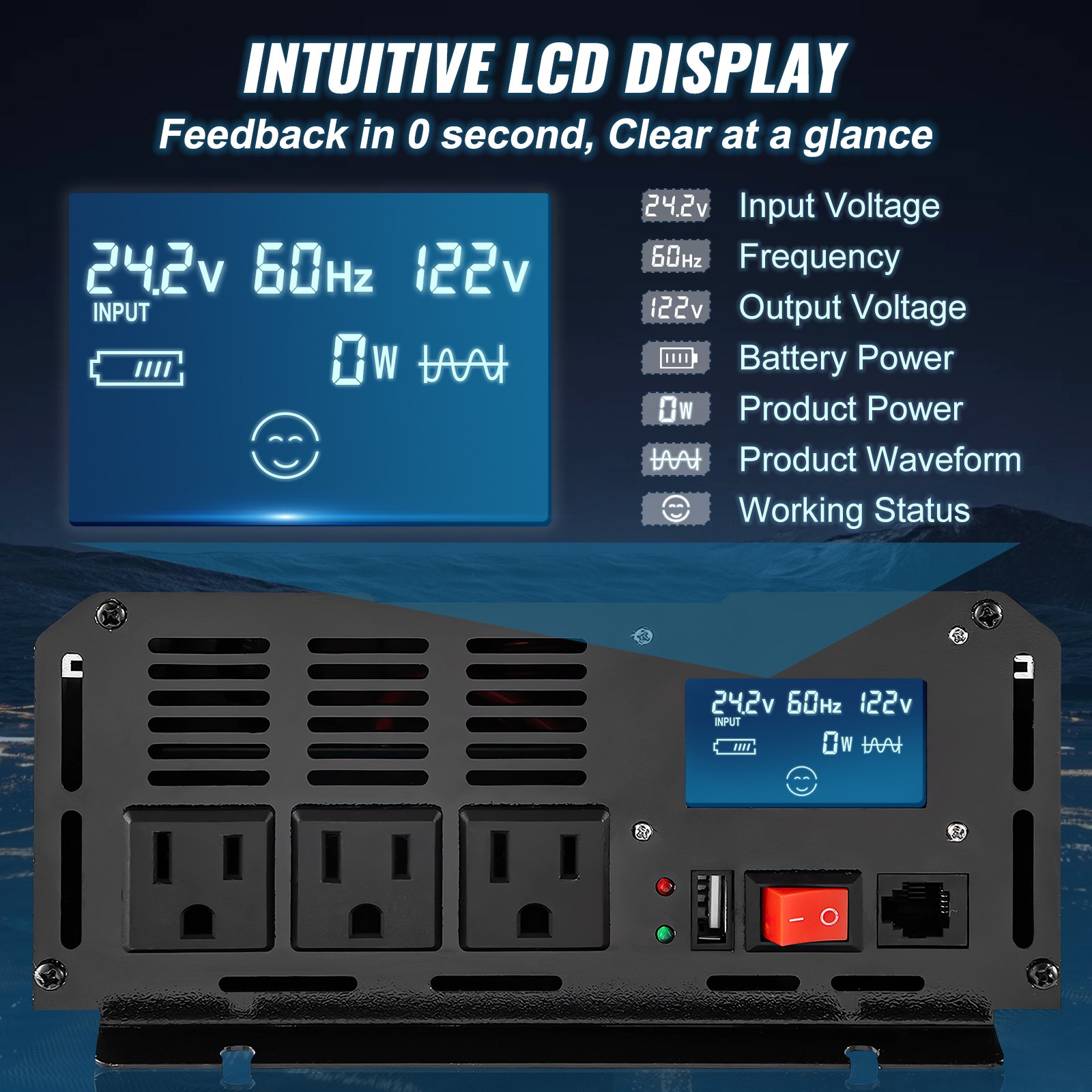 Inversor de onda sinusoidal pura VEVOR con pantalla LCD que muestra voltaje, frecuencia y potencia.