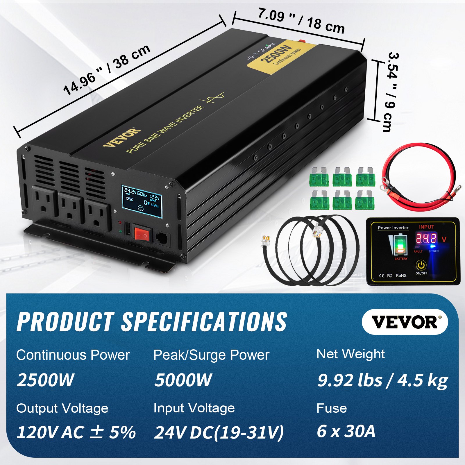 Inversor de onda sinusoidal pura VEVOR con especificaciones: 2500 W continuos, 5000 W pico, 120 V CA, 24 V CC.