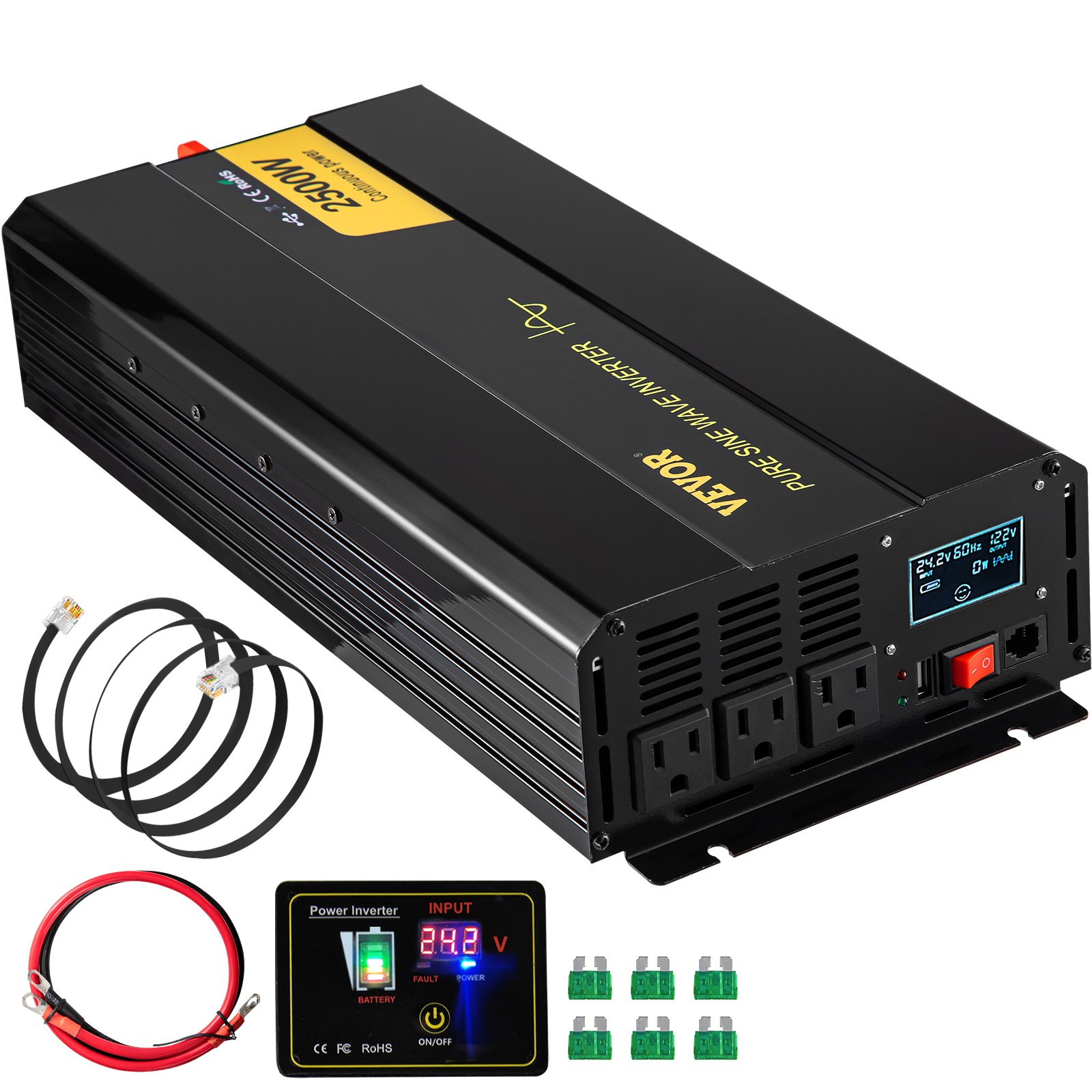 Inversor de onda sinusoidal pura VEVOR 3200w con cables, fusibles y pantalla de visualización.