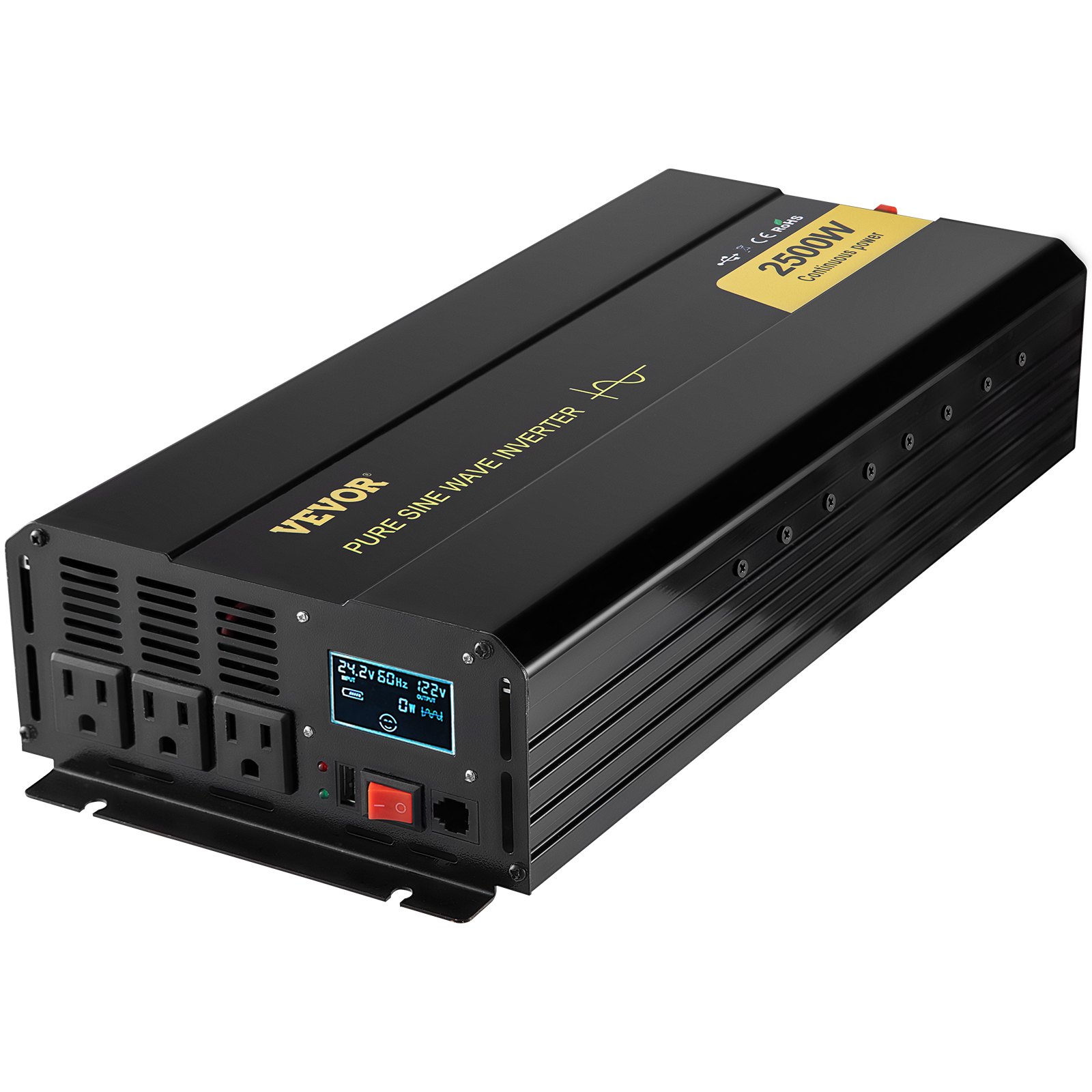 Inversor de onda sinusoidal pura VEVOR, 2500w, negro, con múltiples salidas y pantalla led.