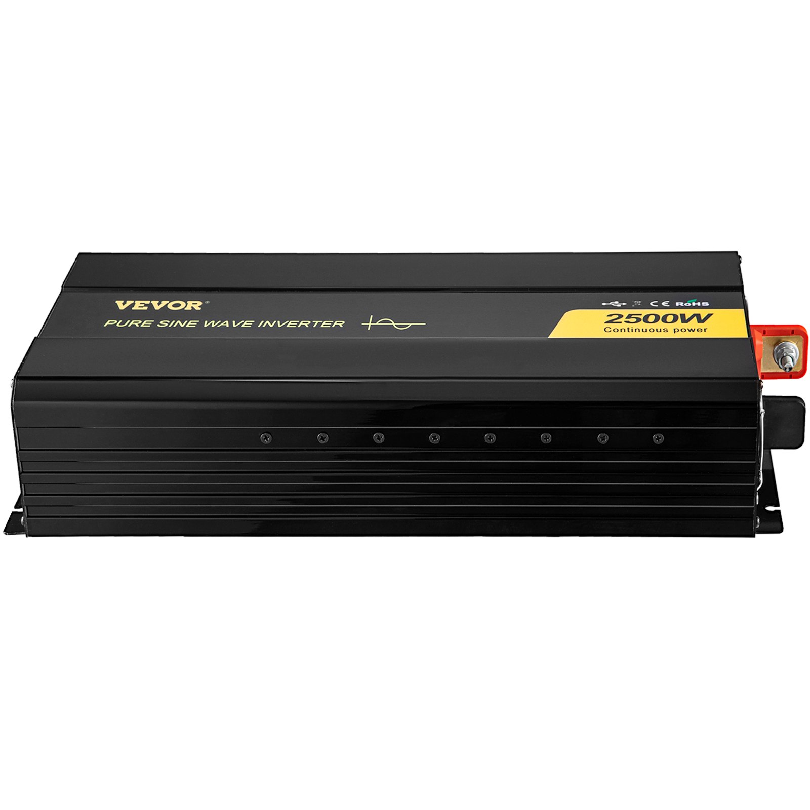 Inversor de onda sinusoidal pura VEVOR, unidad negra de 2500 w con etiquetas amarillas y negras.