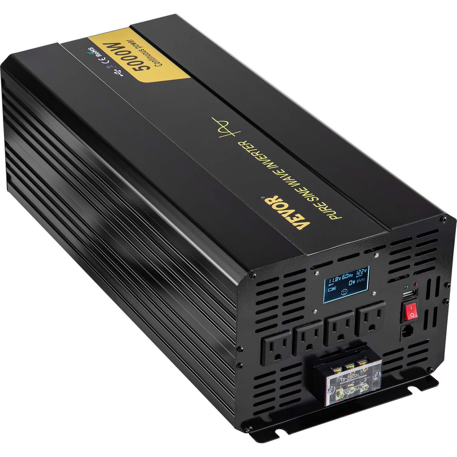 Inversor de onda sinusoidal pura VEVOR con 4 salidas de CA y pantalla LCD en carcasa negra.