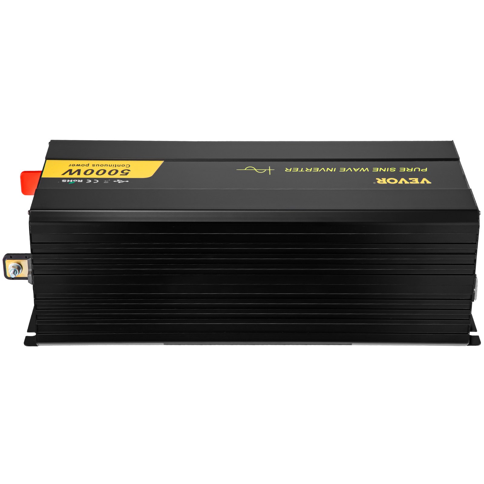 Inversor de onda sinusoidal pura VEVOR negro con 5000w etiqueta amarilla en el lateral.