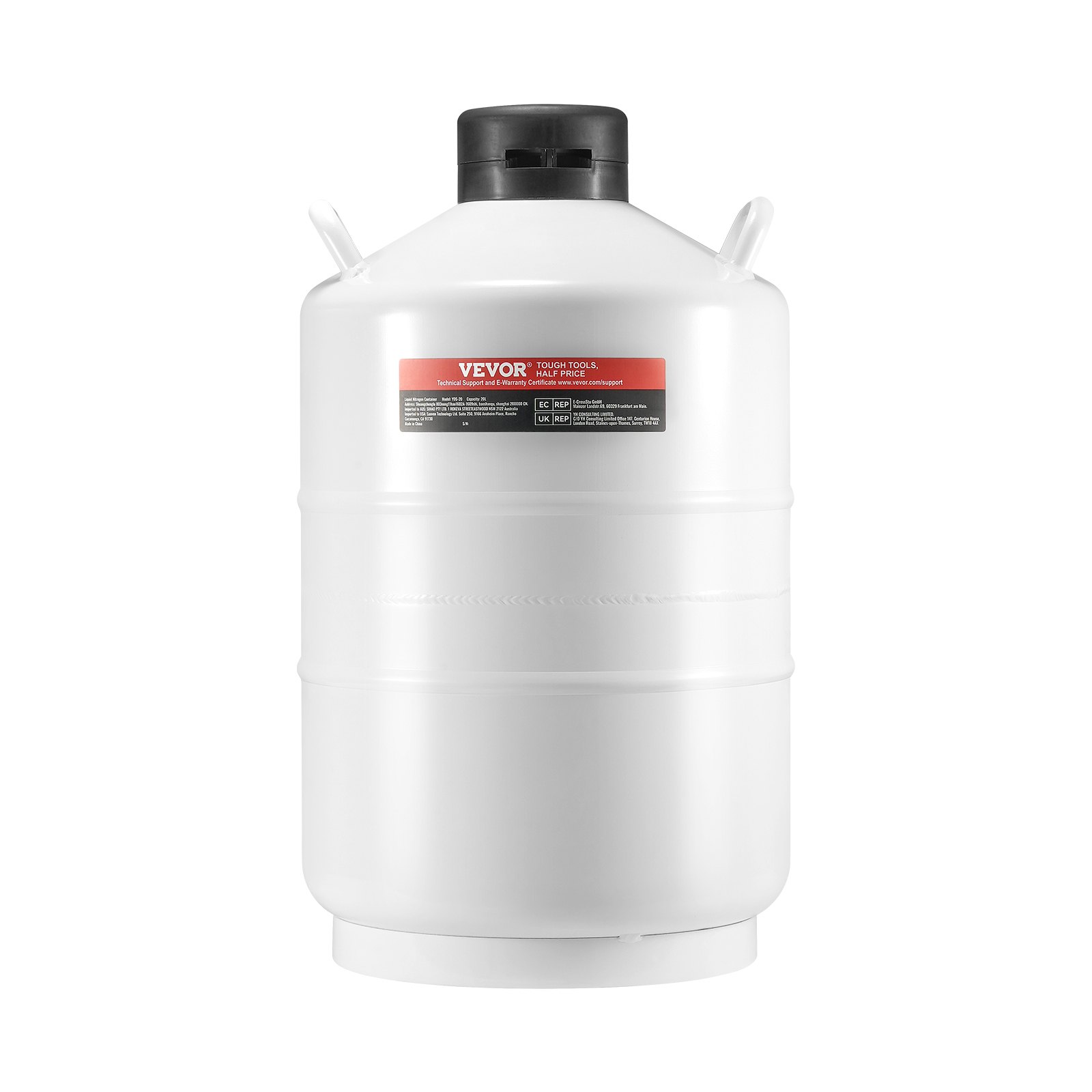 Tanque de nitrógeno líquido VEVOR blanco con tapa negra y etiqueta roja.