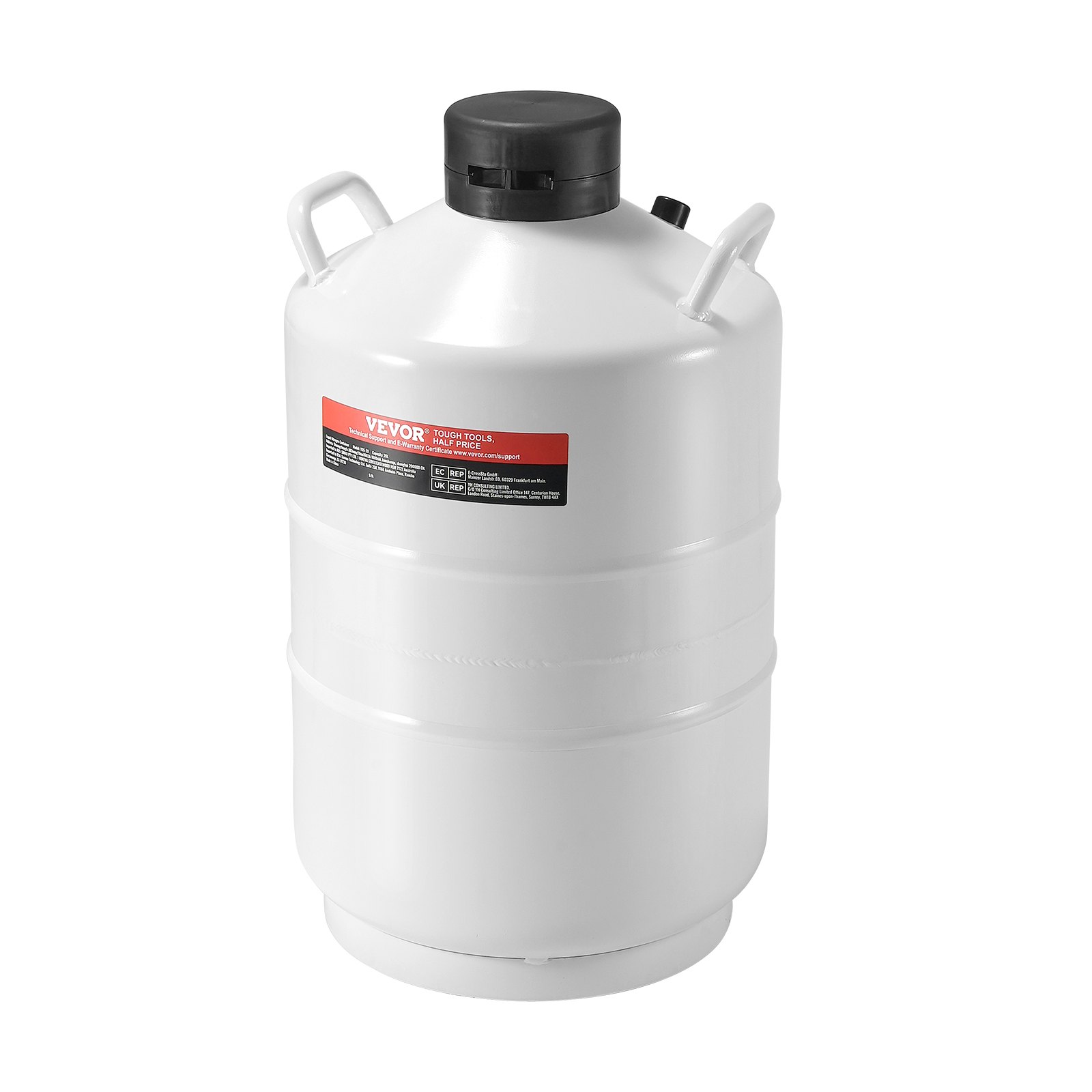 Tanque de nitrógeno líquido VEVOR blanco con tapa negra y asas integradas.