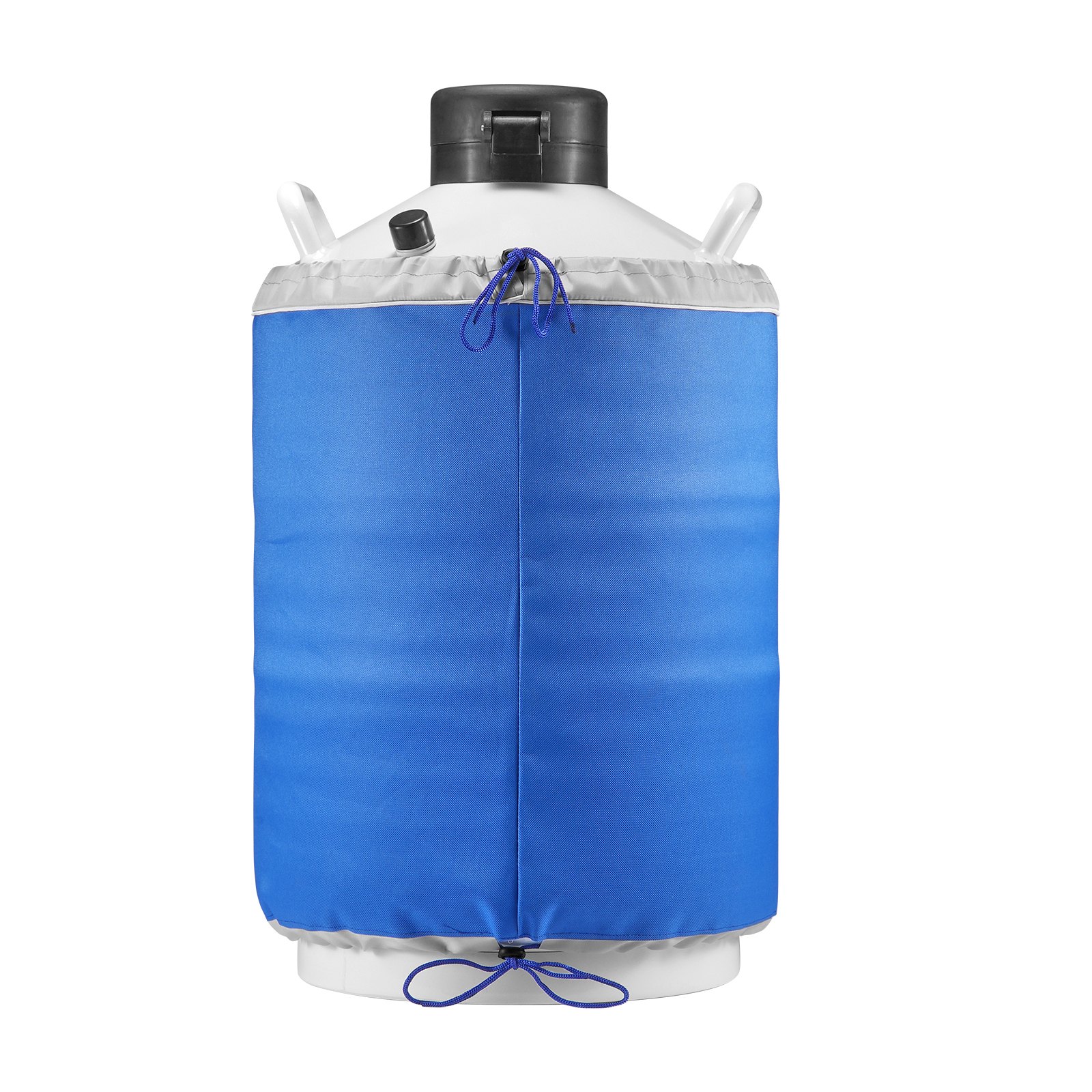Tanque de nitrógeno líquido VEVOR con cubierta protectora azul y tapa negra.