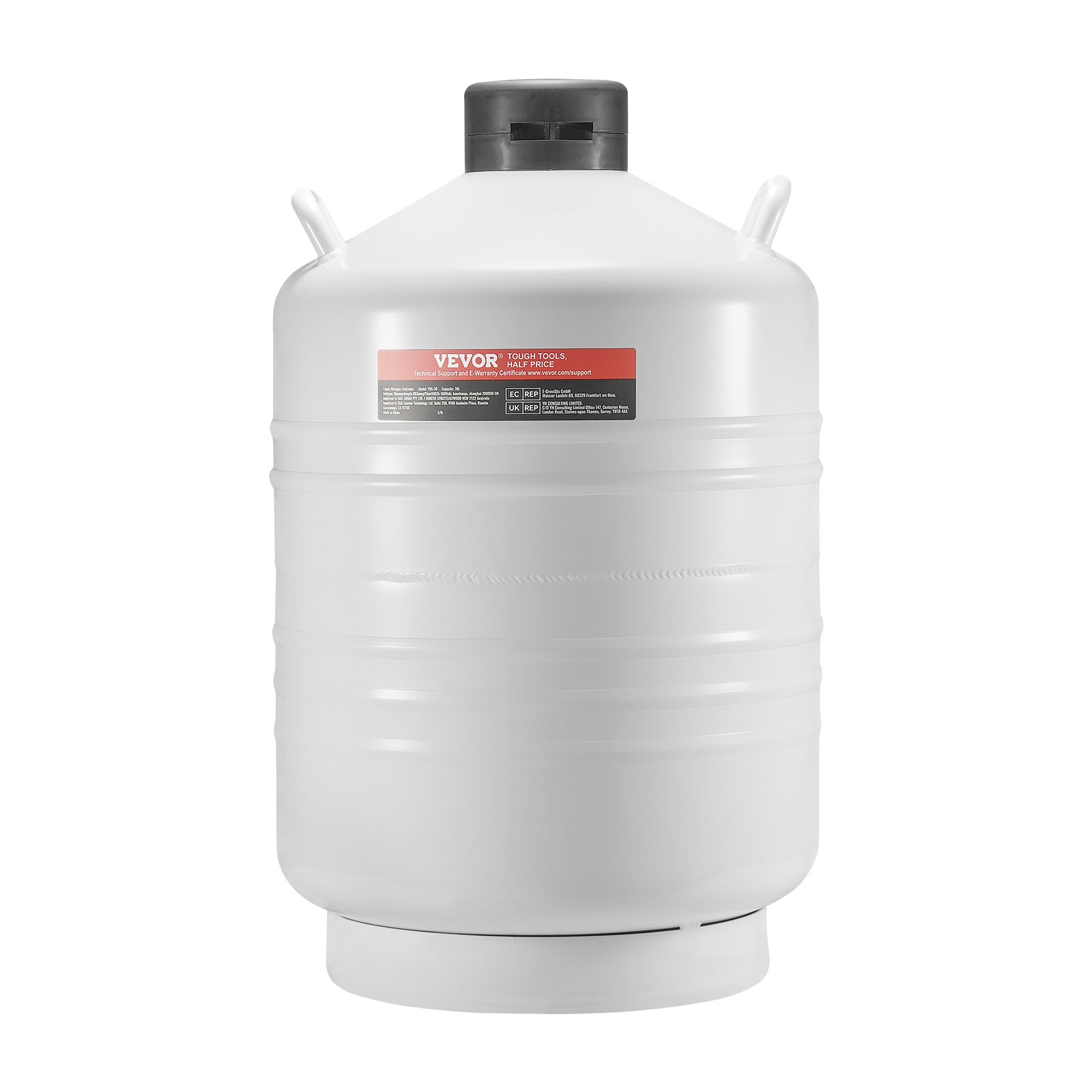 Tanque de nitrógeno líquido VEVOR blanco con tapa y asas negras y etiqueta roja.
