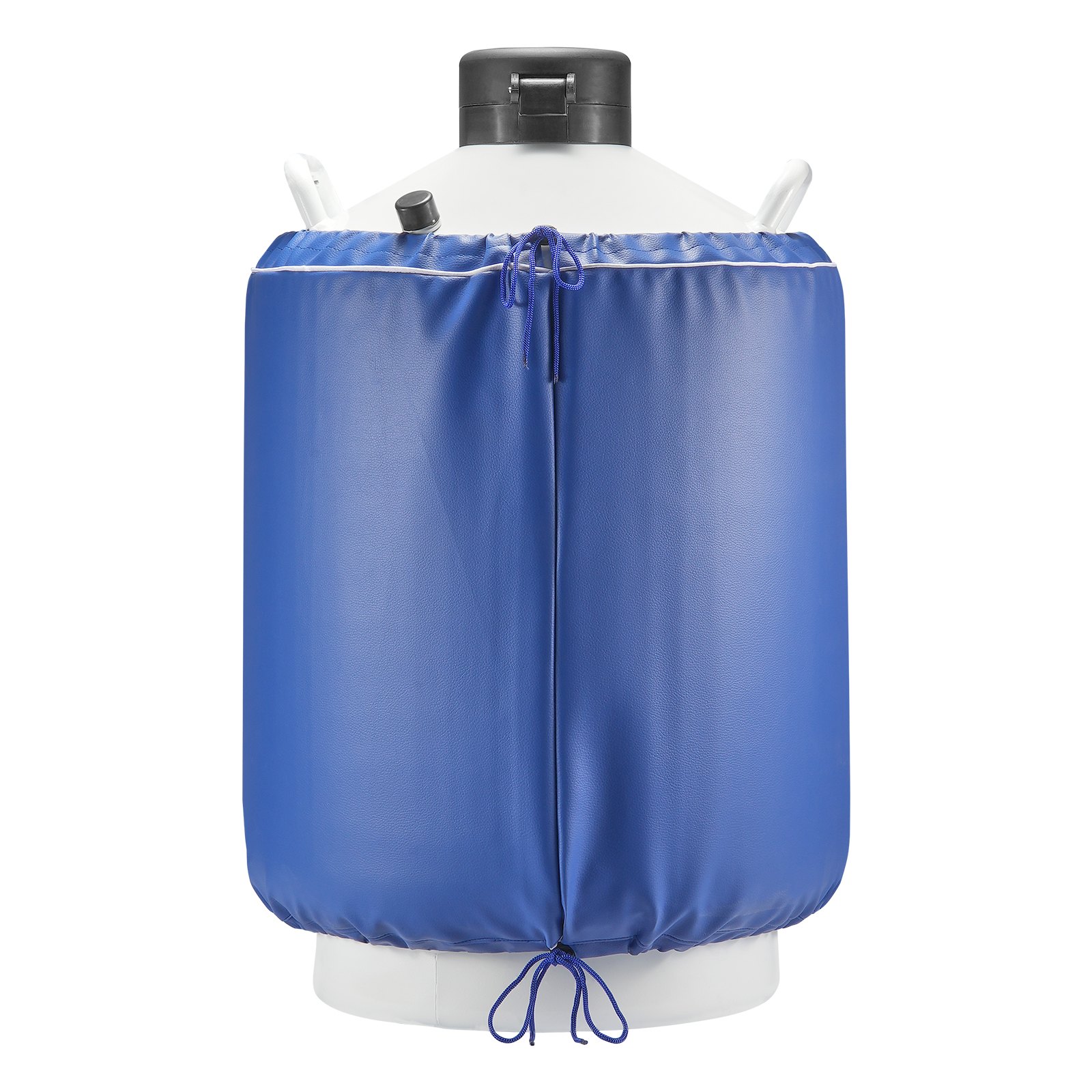 Tanque de nitrógeno líquido VEVOR con cubierta azul y tapa negra, con caños y cordones.