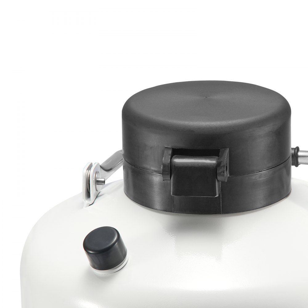 Tanque de nitrógeno líquido VEVOR con tapa negra segura y exterior blanco.