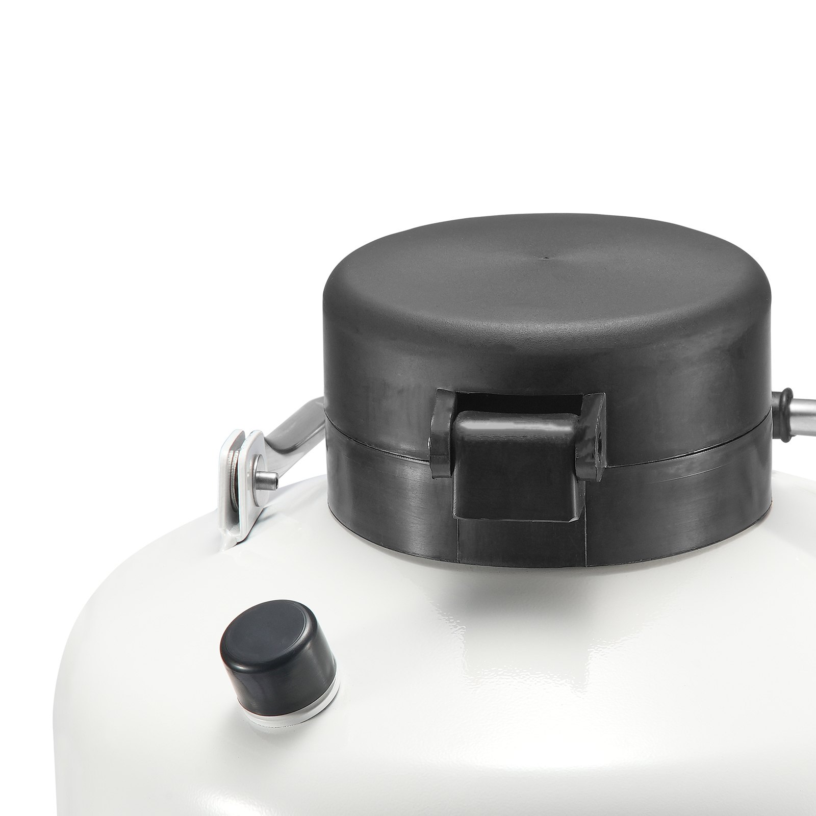 Tanque de nitrógeno líquido VEVOR con tapa negra segura y exterior blanco.