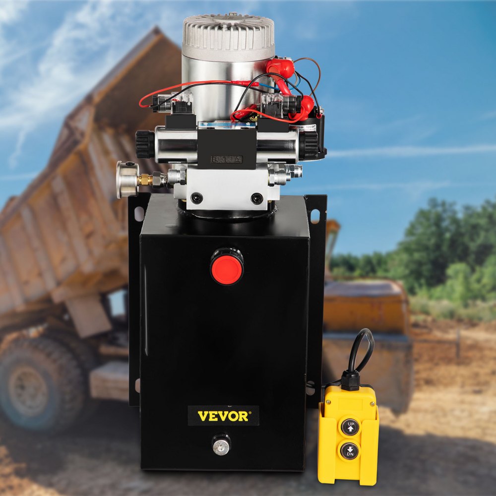VEVOR Unidad de energía hidráulica Bomba hidráulica de remolque de descarga de 12 voltios Bomba hidráulica de doble acción de 12 cuartos Bomba de cilindro hidráulico eléctrico con manómetro de latón para puertas elevadoras de remolque de descarga y camionero