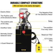Remolque volquete VEVOR de 12 V, depósito de acero de acción simple de 13 cuartos, unidad de potencia de 3200 PSI con control remoto, bomba hidráulica de 12 voltios, negro
