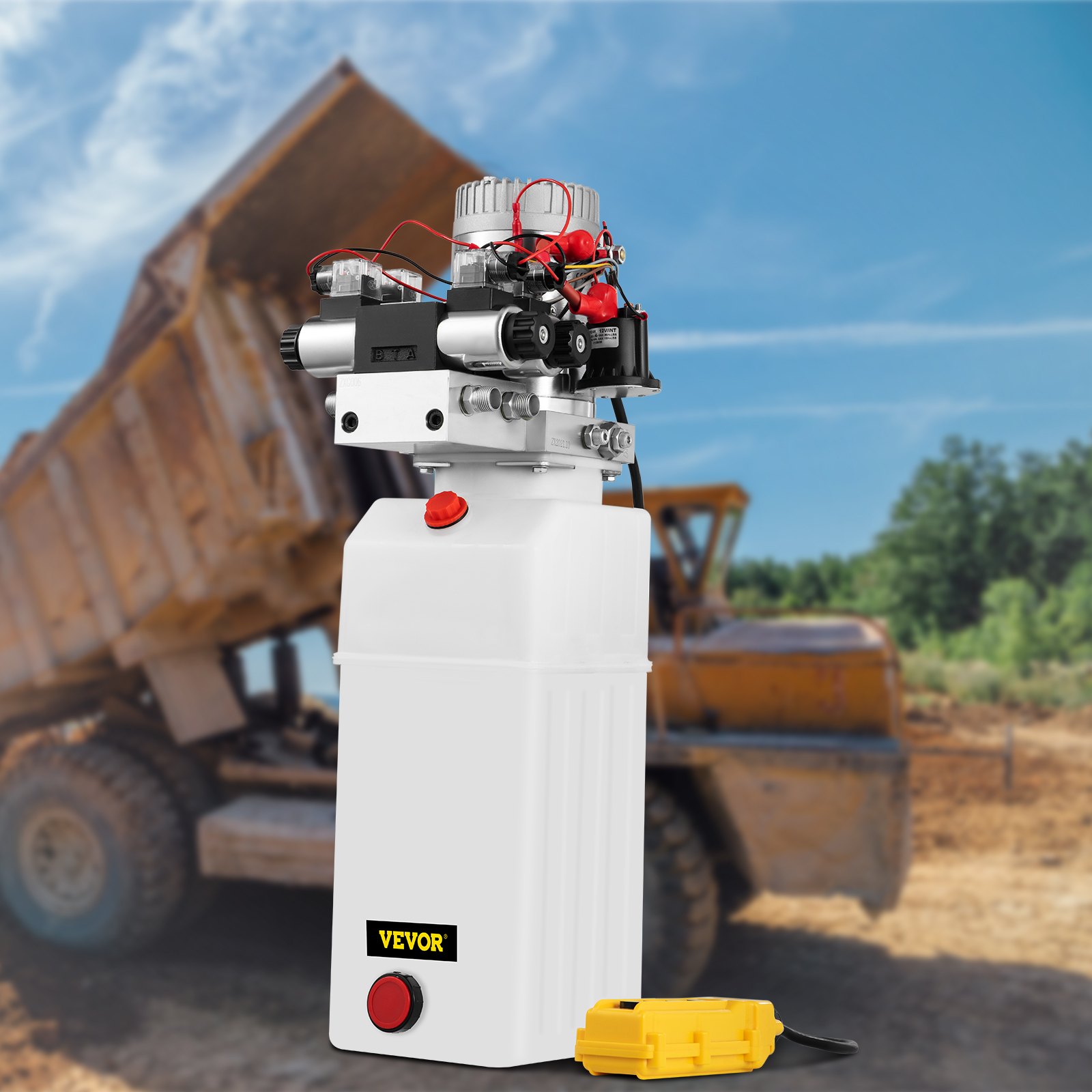 Bomba hidráulica VEVOR de doble acción para remolques de volteo, 8 cuartos/2 galones, 12 V CC, presión máxima de alivio de 3200 PSI, unidad electrohidráulica para elevación de vehículos (con 4 conectores SAE n.° 6)