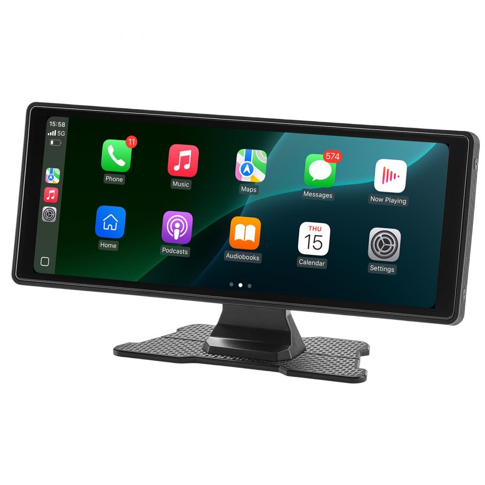 Estéreo inalámbrico para coche VEVOR, radio portátil HD de 10 pulgadas con pantalla táctil, Apple CarPlay y Android Auto, pantalla CarPlay con cámaras delantera y trasera, control de voz, Mirror Link, Bluetooth y navegación GPS.