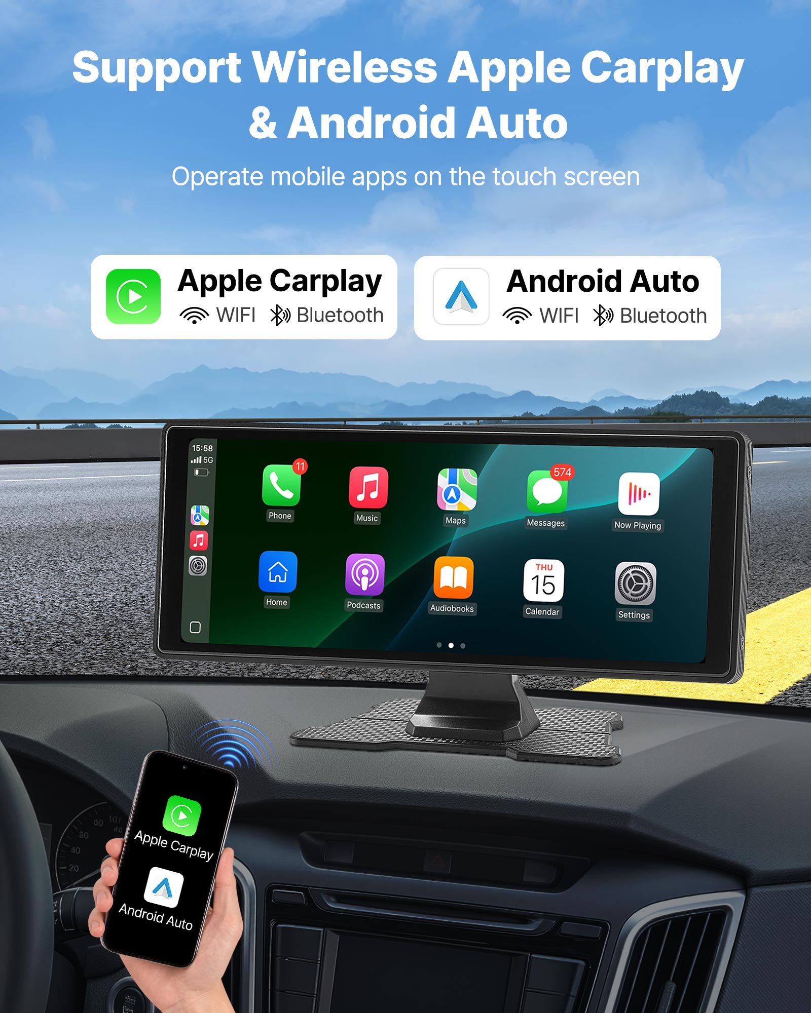 Estéreo inalámbrico para coche VEVOR, radio portátil HD de 10 pulgadas con pantalla táctil, Apple CarPlay y Android Auto, pantalla CarPlay con cámaras delantera y trasera, control de voz, Mirror Link, Bluetooth y navegación GPS.