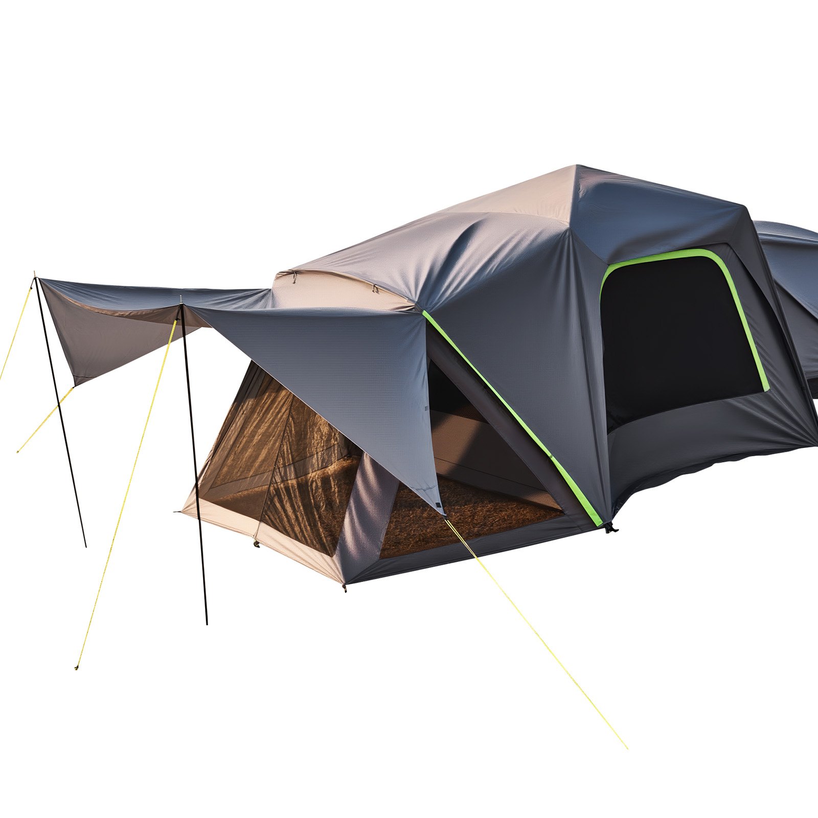 Tienda de campaña VEVOR SUV para acampar, 3 m de largo x 3 m de ancho, impermeable, PU2000 mm, diseño espacioso de doble capa para 5-8 personas, tienda de campaña SUV con toldo y ventanas de malla, incluye toldo y bolsa de almacenamiento.