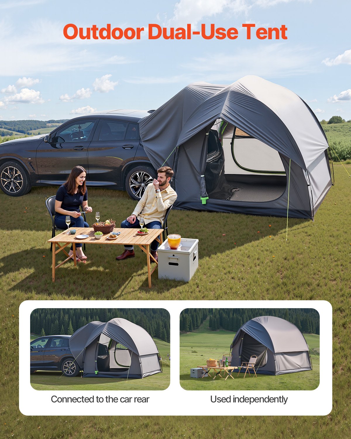 Tienda de campaña VEVOR SUV para acampar, 2,4 m de largo x 2,4 m de ancho, impermeable, PU2000 mm, diseño espacioso de doble capa para 5-8 personas, tienda de campaña SUV con ventanas de malla, incluye toldo y bolsa de almacenamiento, para actividades al aire libre.