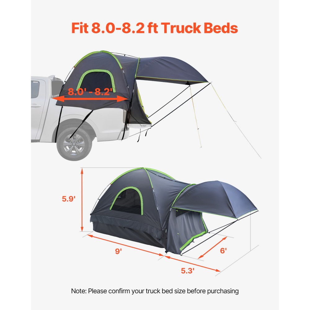 Tienda de campaña VEVOR para camioneta, apta para tiendas de campaña de 2,4 a 2,5 m para acampar, impermeable PU2000 para 2 o 3 personas, carcasa resistente con toldo extensible, toldo impermeable y bolsa de almacenamiento.