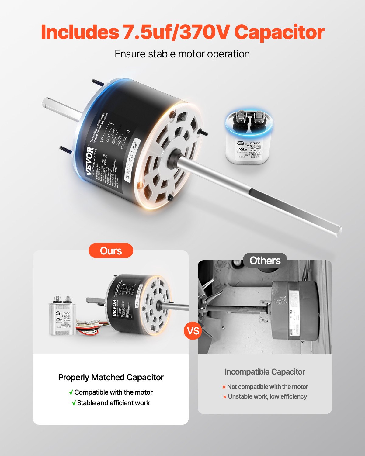 Motor de aire acondicionado para RV VEVOR de 1/3 HP con condensador, CA 115 V, 3 A, 1675 RPM, repuesto para motor de ventilador de CA Coleman Mach para RV. Reemplaza Fasco D1092, 1468-306, 1468-3068, 1468-3069, 7184-0156, 7184-0432.