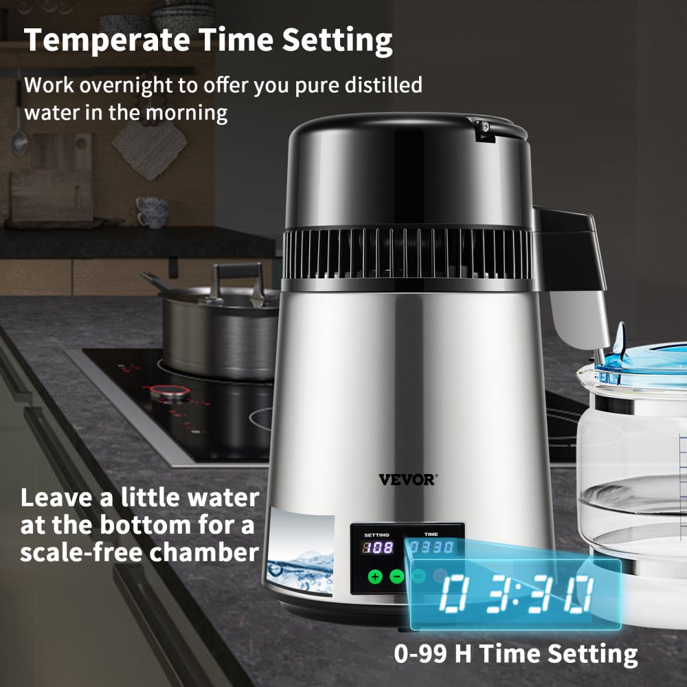 VEVOR Destilador de Agua 4L Filtro de Destilación de Agua con Recipiente de Vidrio 750W 1 L/H Ajuste de Velocidad, Destilación Filtro Purificador 7,9 lbs de Acero Inoxidable con Pantalla Doble