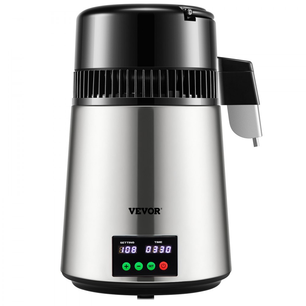 VEVOR Destilador de Agua 4L Filtro de Destilación de Agua con Recipiente de Vidrio 750W 1 L/H Ajuste de Velocidad, Destilación Filtro Purificador 7,9 lbs de Acero Inoxidable con Pantalla Doble