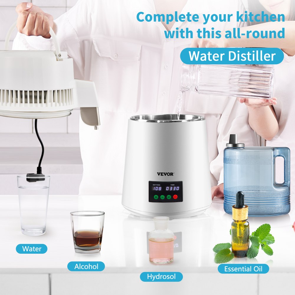 VEVOR Destilador de Agua 4L Filtro de Destilación de Agua con Recipiente de Vidrio 750W 1 L/H Ajuste de Velocidad, Destilación Filtro Purificador 7,9 lbs de Acero Inoxidable con Pantalla Doble, Blanco