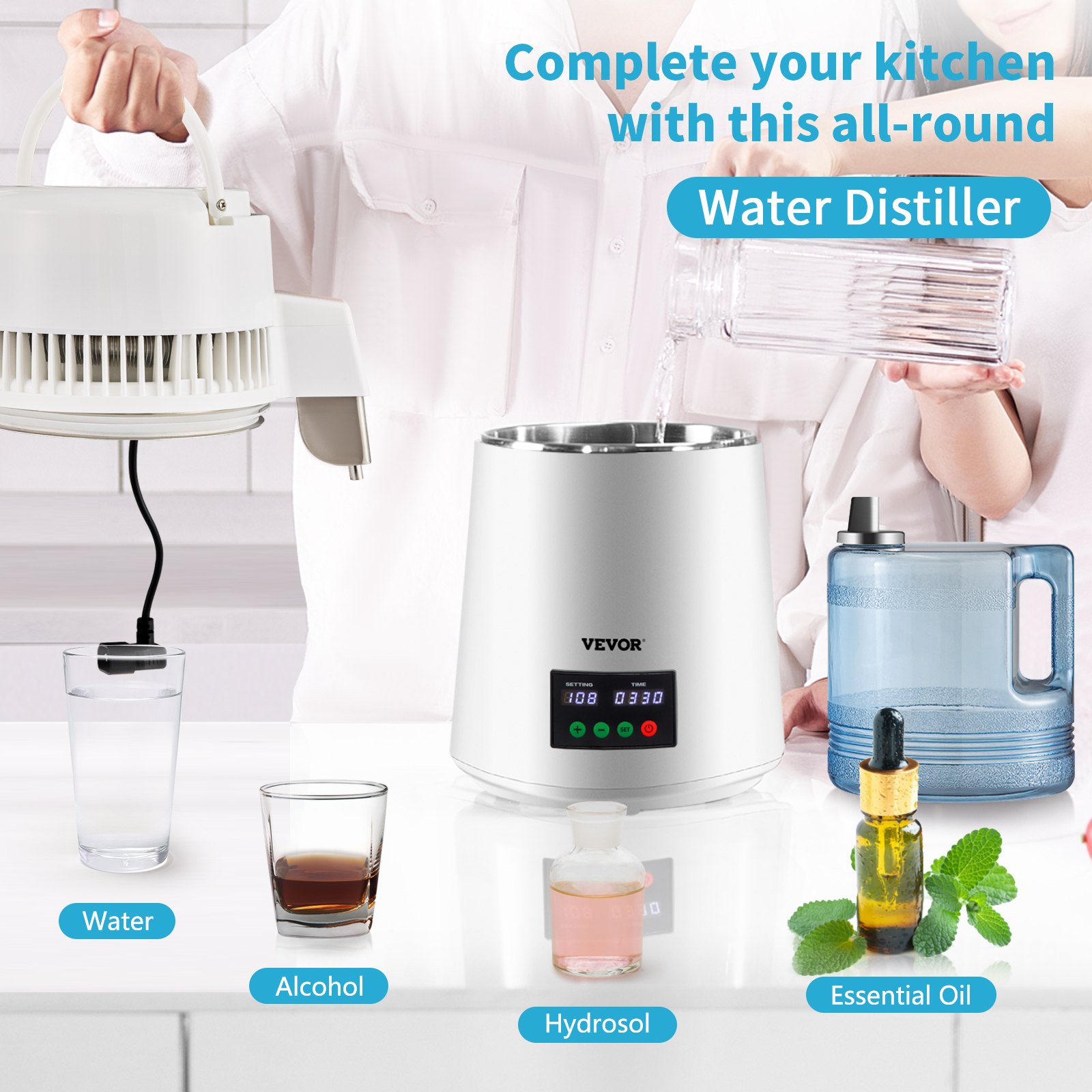 VEVOR Destilador de Agua 4L Filtro de Destilación de Agua con Recipiente de Vidrio 750W 1 L/H Ajuste de Velocidad, Destilación Filtro Purificador 7,9 lbs de Acero Inoxidable con Pantalla Doble, Blanco