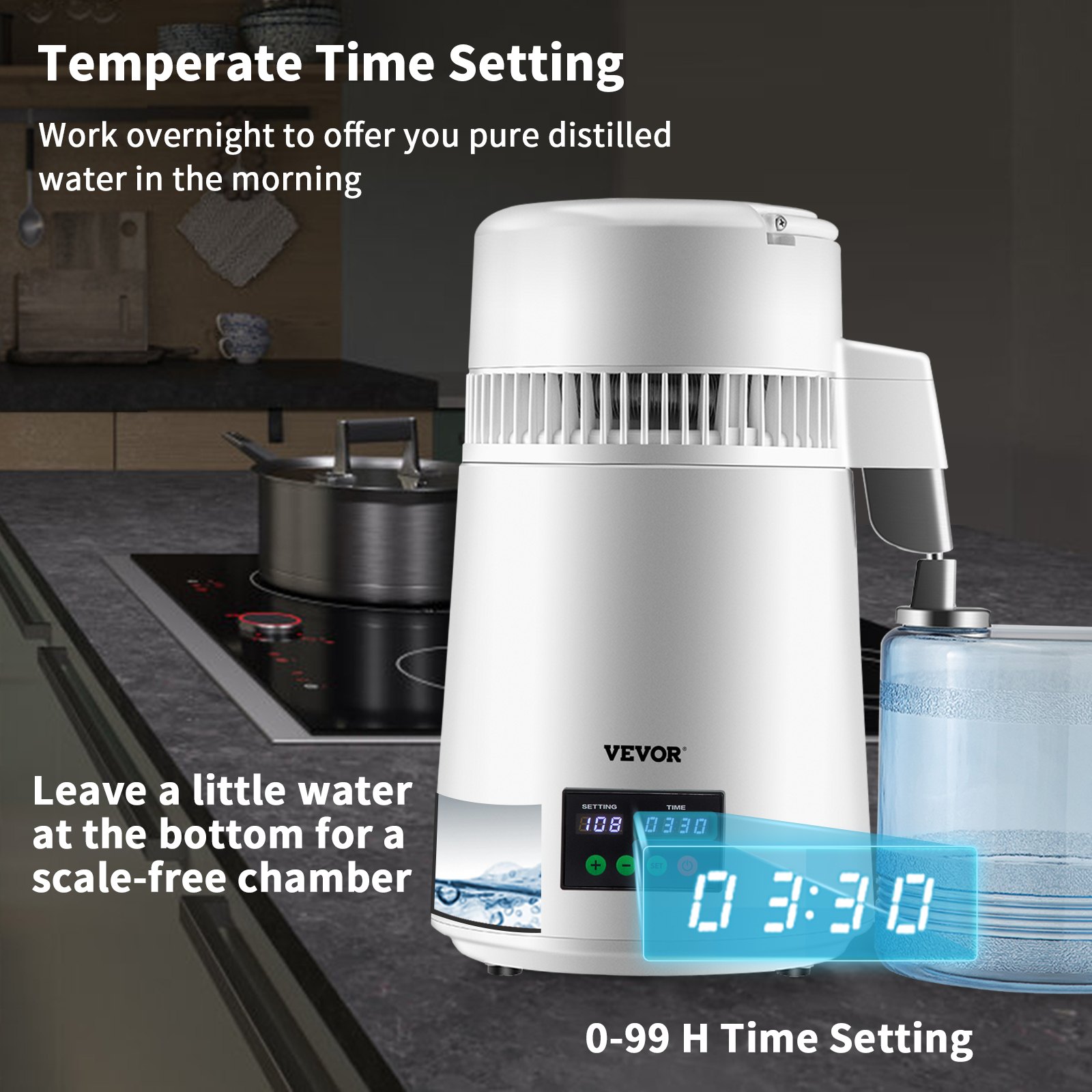 VEVOR Destilador de Agua 4L Filtro de Destilación de Agua con Recipiente de Vidrio 750W 1 L/H Ajuste de Velocidad, Destilación Filtro Purificador 7,9 lbs de Acero Inoxidable con Pantalla Doble, Blanco