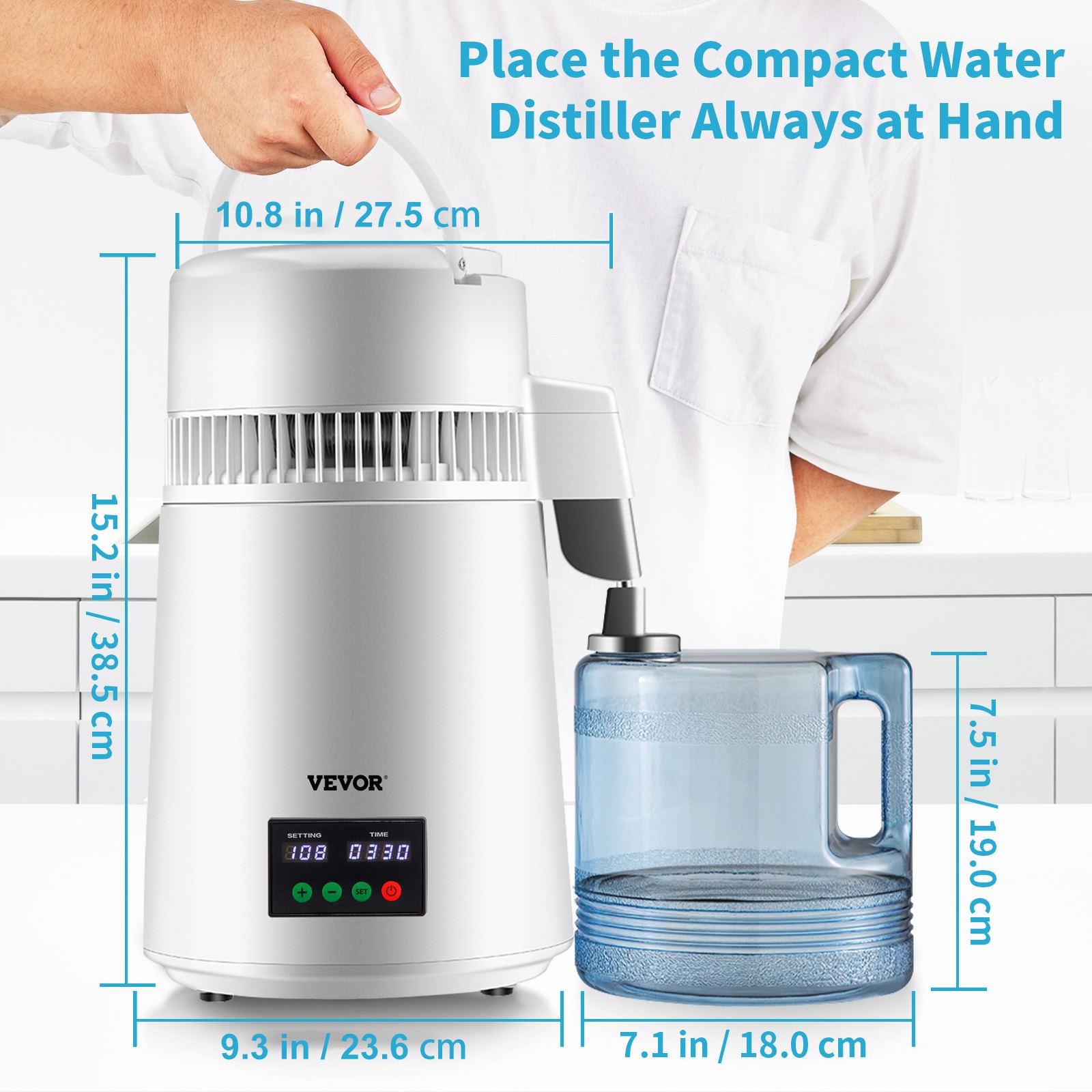 VEVOR Destilador de Agua 4L Filtro de Destilación de Agua con Recipiente de Vidrio 750W 1 L/H Ajuste de Velocidad, Destilación Filtro Purificador 7,9 lbs de Acero Inoxidable con Pantalla Doble, Blanco