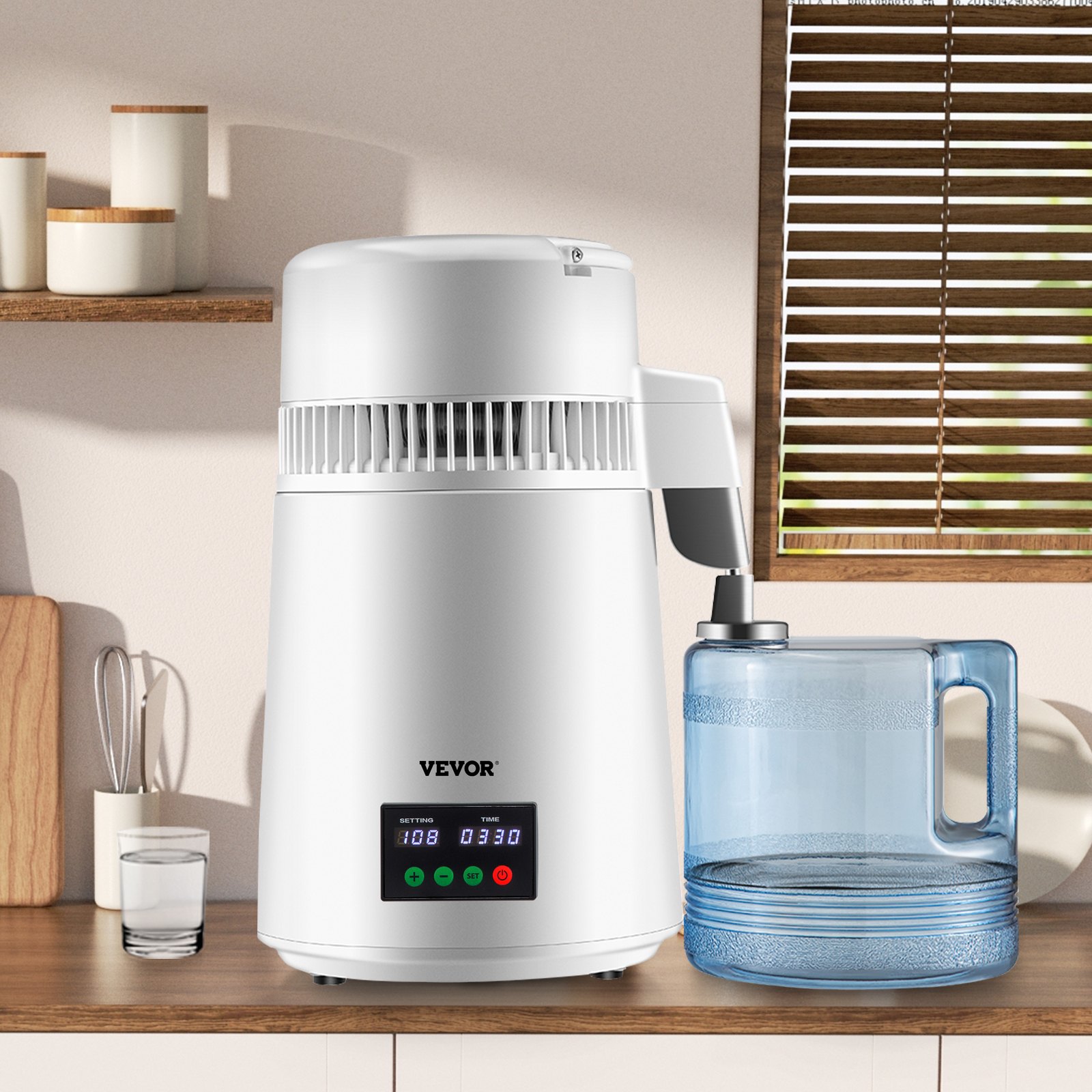 VEVOR Destilador de Agua 4L Filtro de Destilación de Agua con Recipiente de Vidrio 750W 1 L/H Ajuste de Velocidad, Destilación Filtro Purificador 7,9 lbs de Acero Inoxidable con Pantalla Doble, Blanco