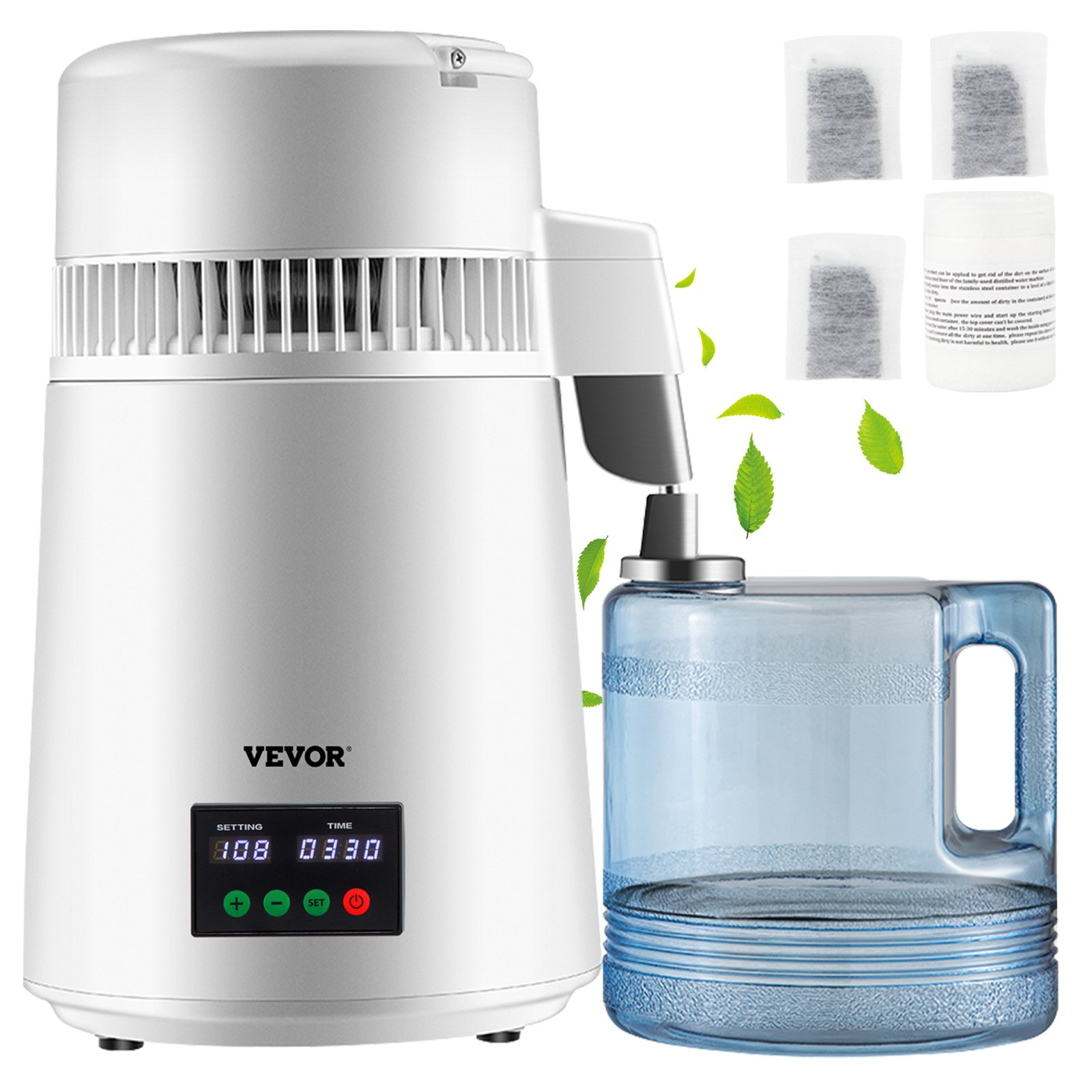 VEVOR Destilador de Agua 4L Filtro de Destilación de Agua con Recipiente de Vidrio 750W 1 L/H Ajuste de Velocidad, Destilación Filtro Purificador 7,9 lbs de Acero Inoxidable con Pantalla Doble, Blanco