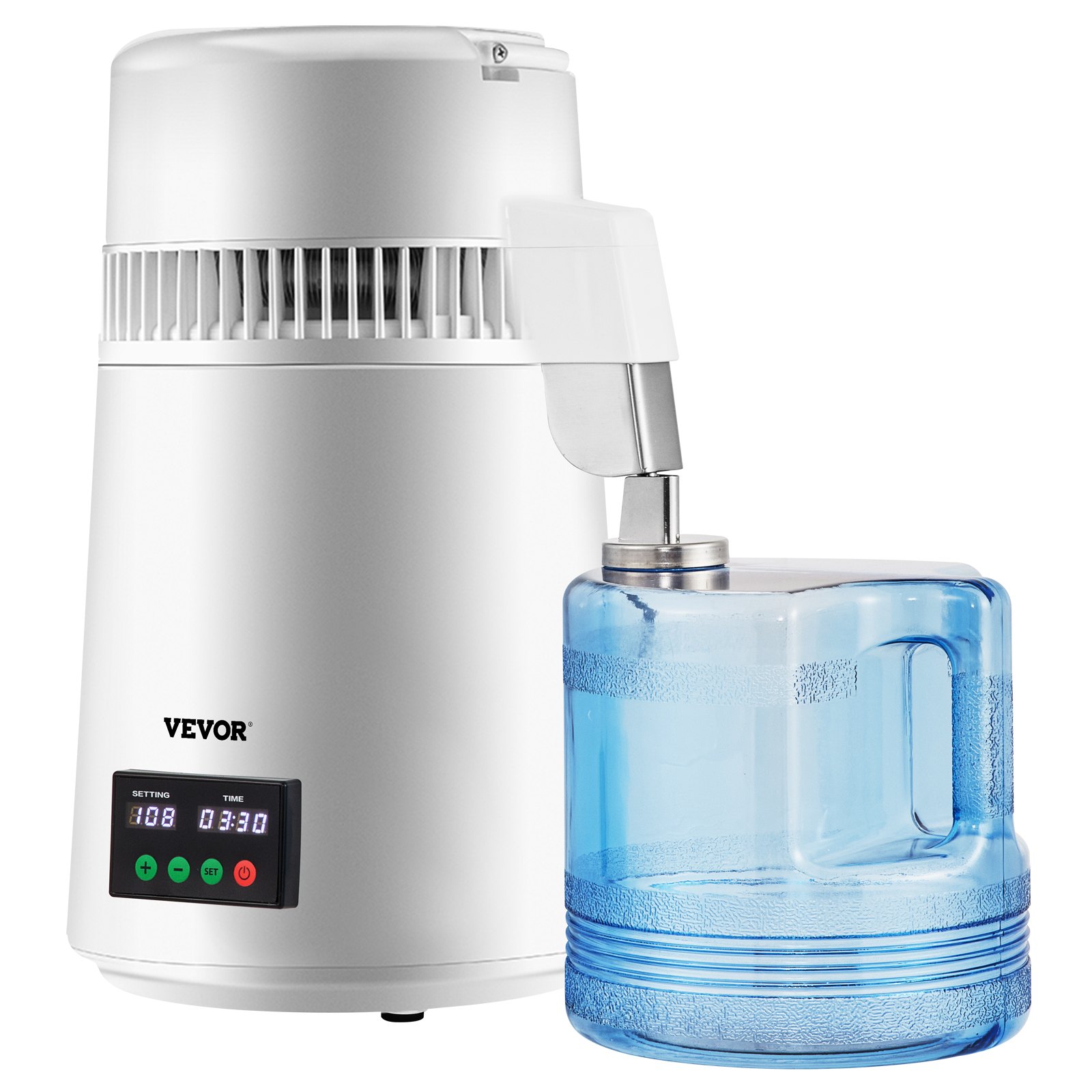 VEVOR Destilador de Agua 4L Filtro de Destilación de Agua con Recipiente de Vidrio 750W 1 L/H Ajuste de Velocidad, Destilación Filtro Purificador 7,9 lbs de Acero Inoxidable con Pantalla Doble, Blanco