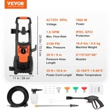 Lavadora a presión eléctrica VEVOR, 2150 PSI, máx. Hidrolavadora de 1,8 GPM, 1800 W con manguera de 26 pies, 4 boquillas de conexión rápida, cañón de espuma, portátil para limpiar patios, automóviles, cercas, entradas de vehículos