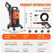 Lavadora a presión eléctrica VEVOR, 2300 PSI, máx. Hidrolavadora de 1.9 GPM, 1900 W con manguera de 26 pies, 4 boquillas de conexión rápida, cañón de espuma, mango retráctil portátil para limpiar patios, autos, cercas, entradas de vehículos