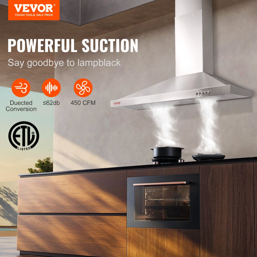 VEVOR Campana extractora de montaje en pared, ventilación de estufa de cocina estilo chimenea sin conductos, filtro permanente de acero inoxidable con ventilador de escape de 3 velocidades, 2 filtros deflectores, luces LED, botón pulsador, plateado (30 pulgadas)