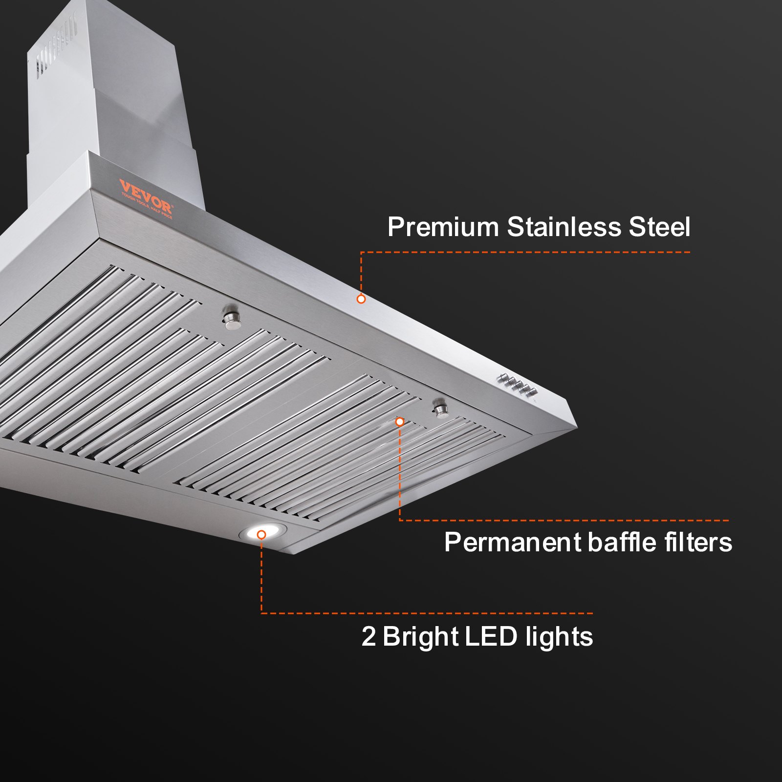 VEVOR Campana extractora de montaje en pared, ventilación de estufa de cocina estilo chimenea sin conductos, filtro permanente de acero inoxidable con ventilador de escape de 3 velocidades, 2 filtros deflectores, luces LED, botón pulsador, plateado (30 pulgadas)
