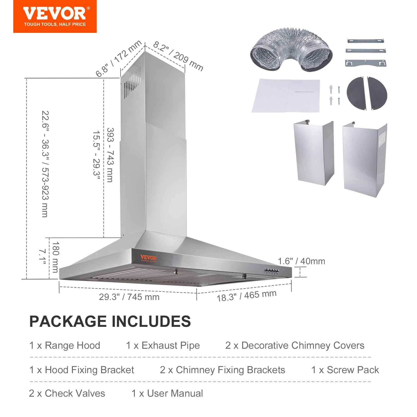 VEVOR Campana extractora de montaje en pared, ventilación de estufa de cocina estilo chimenea sin conductos, filtro permanente de acero inoxidable con ventilador de escape de 3 velocidades, 2 filtros deflectores, luces LED, botón pulsador, plateado (30 pulgadas)