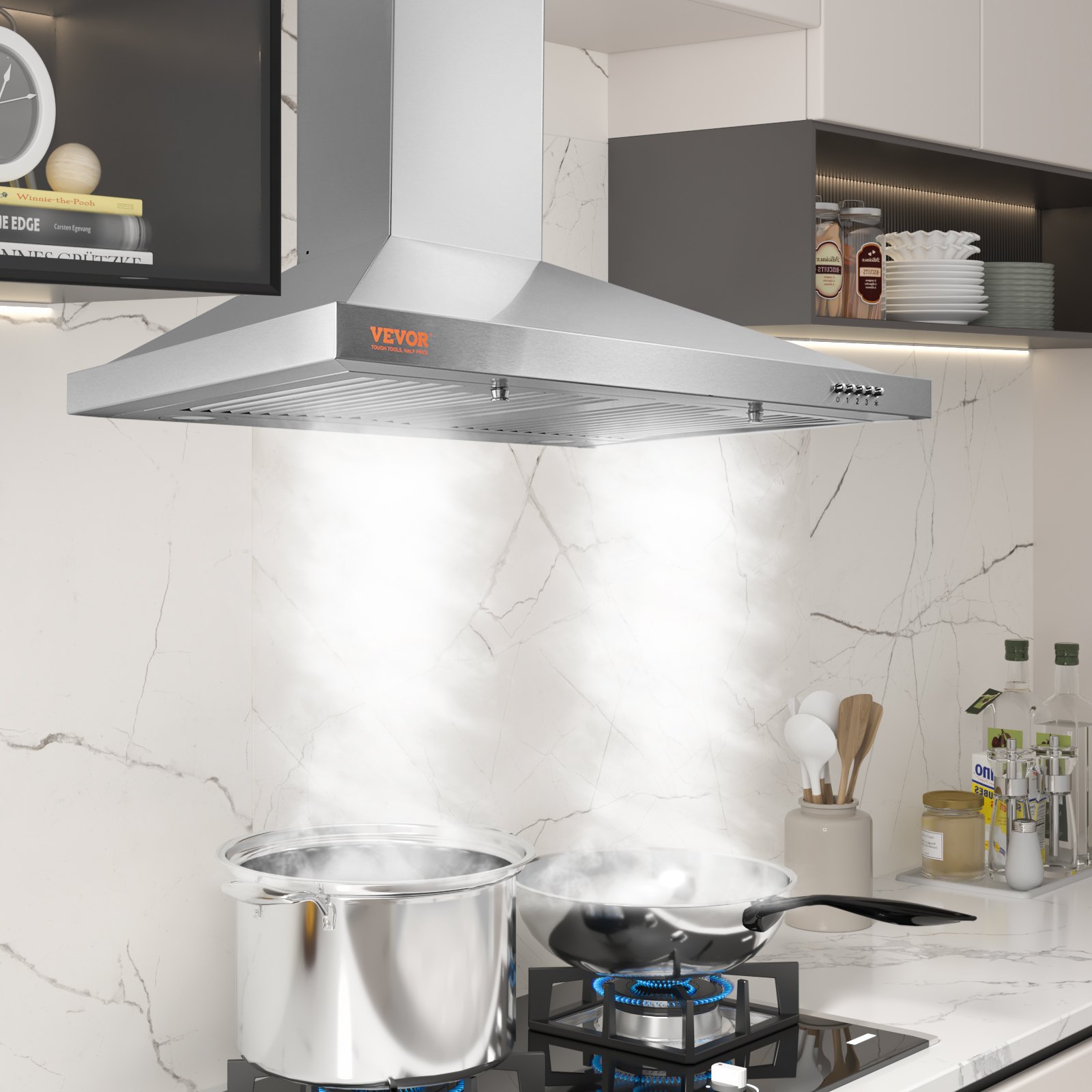 VEVOR Campana extractora de montaje en pared, ventilación de estufa de cocina estilo chimenea sin conductos, filtro permanente de acero inoxidable con ventilador de escape de 3 velocidades, 2 filtros deflectores, luces LED, botón pulsador, plateado (30 pulgadas)