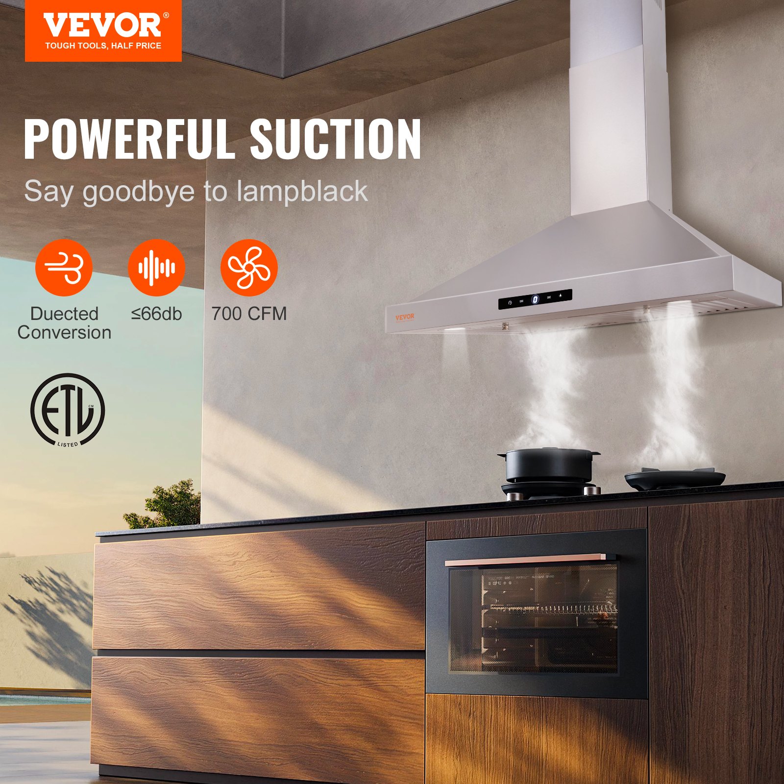 VEVOR Campana extractora de montaje en pared, ventilación de estufa de cocina estilo chimenea sin conductos, filtro permanente de acero inoxidable con ventilador de escape de 3 velocidades, 2 filtros deflectores, luces LED, panel de control táctil (30 pulgadas)