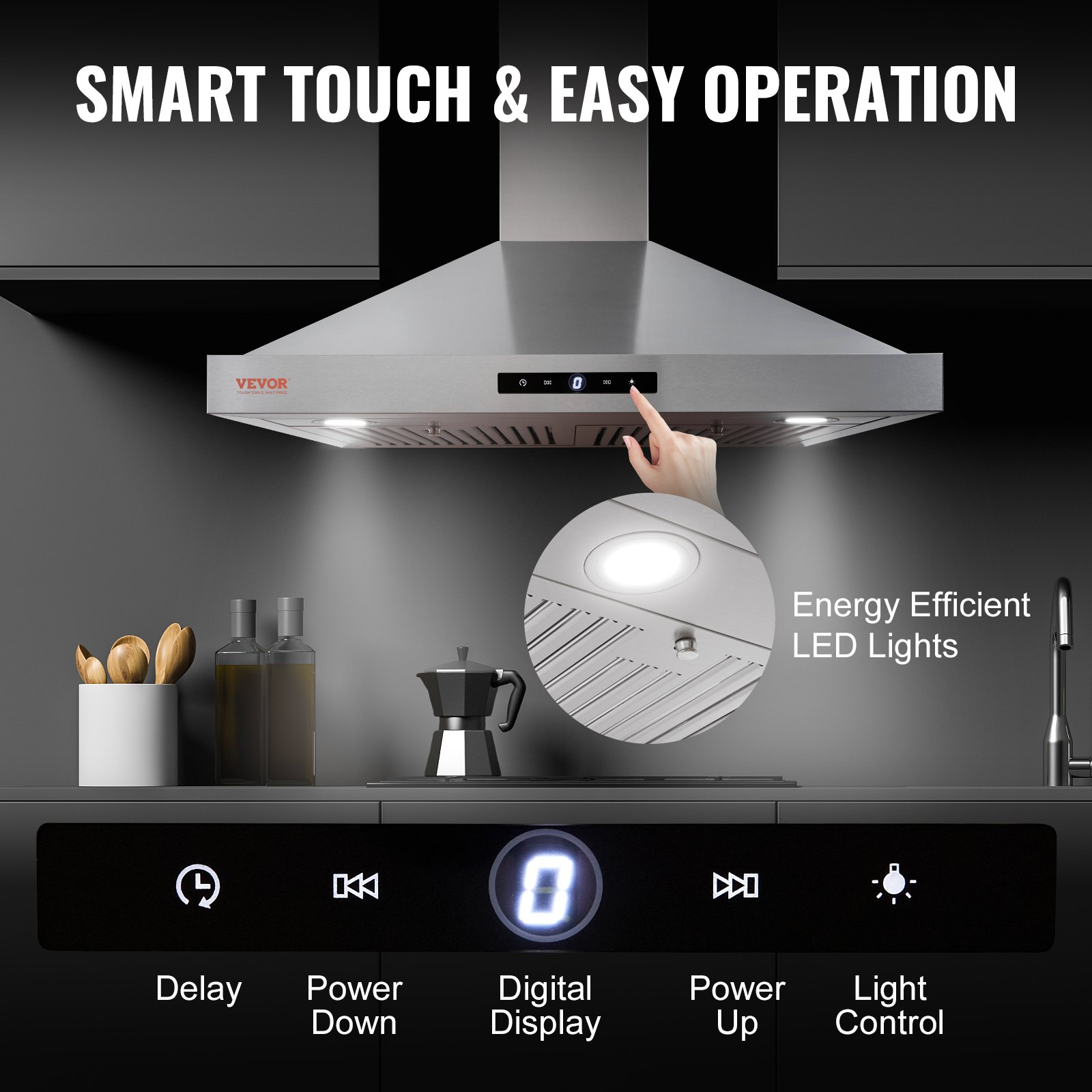 VEVOR Campana extractora de montaje en pared, ventilación de estufa de cocina estilo chimenea sin conductos, filtro permanente de acero inoxidable con ventilador de escape de 3 velocidades, 2 filtros deflectores, luces LED, panel de control táctil (30 pulgadas)