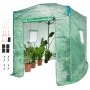 Invernadero emergente VEVOR con plantas, puerta enrollable, ventanas y accesorios de instalación.