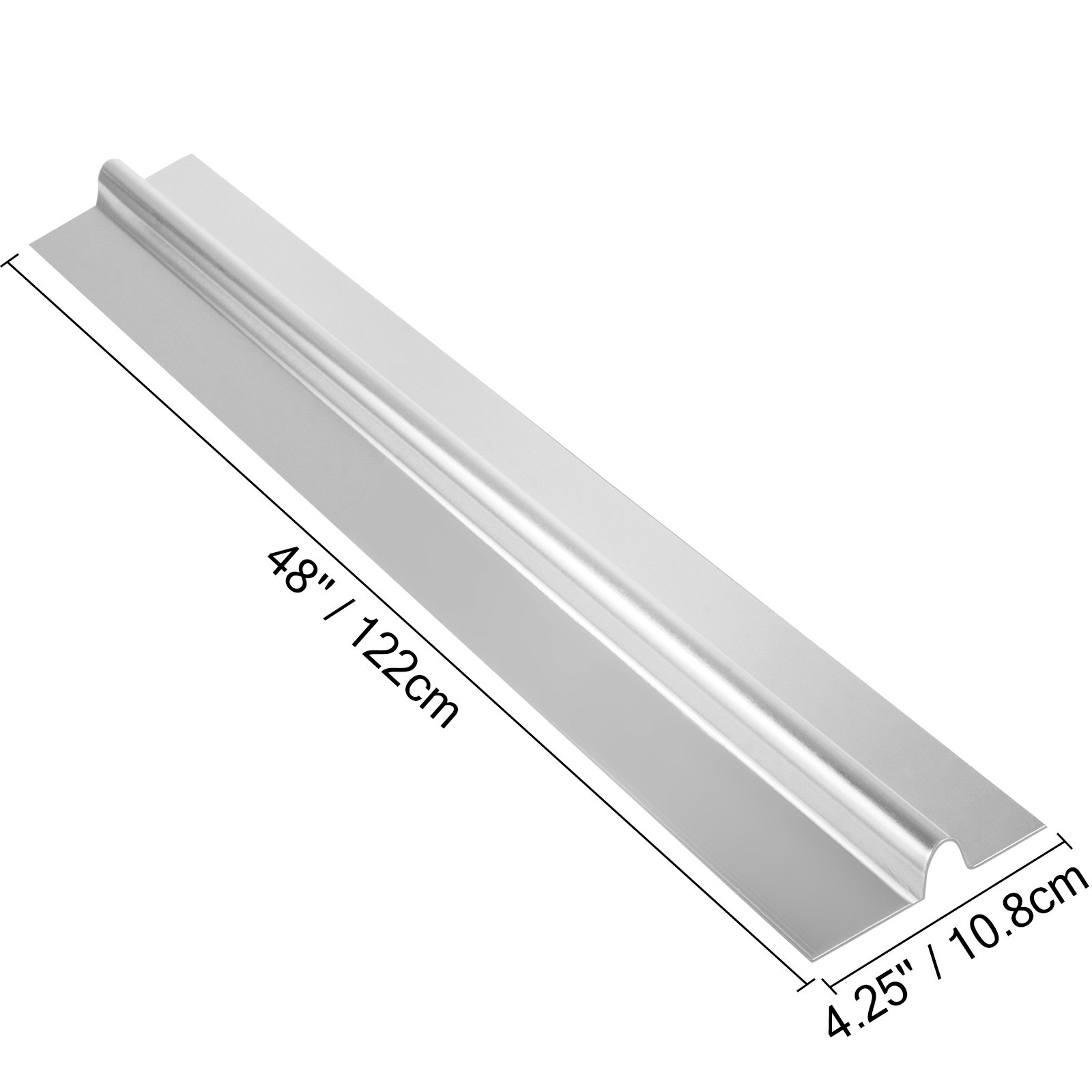 Placas de transferencia de calor VEVOR pex, 48&quot; x 4,25&quot;, color plata, con medidas precisas.
