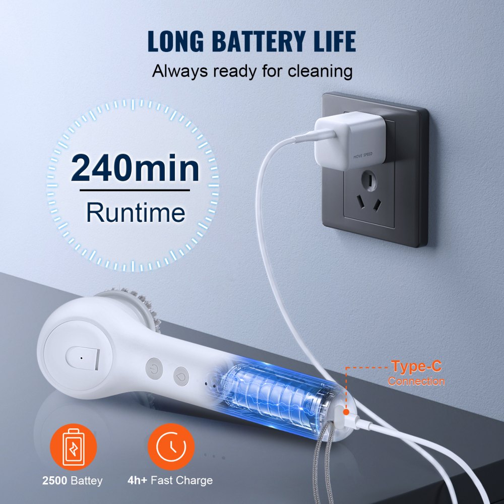 Cepillo de limpieza eléctrico VEVOR, inalámbrico, con dispensador automático de detergente y 2 velocidades ajustables, portátil, con 5 cabezales reemplazables para baño y bañera.