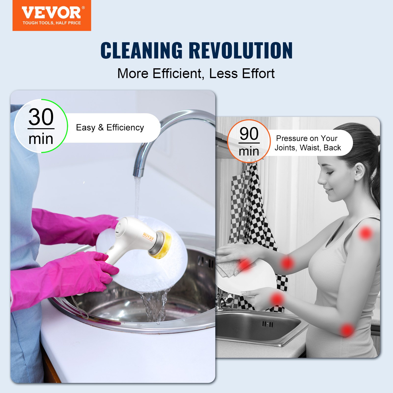 Cepillo de limpieza eléctrico VEVOR, inalámbrico, con dispensador automático de detergente y 2 velocidades ajustables, portátil, con 5 cabezales reemplazables para baño y bañera.