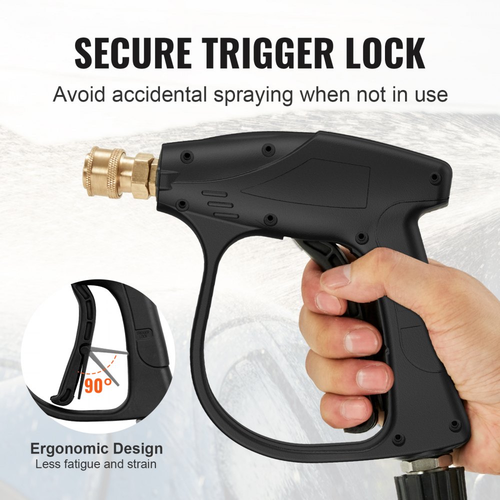 Pistola de lavado a presión corta VEVOR, pistola de lavado a presión de alta potencia de 4350 PSI, entrada M22-14 y conector de manguera de salida de 1/4'' Pistola de espuma, mango de lavado a presión de acero inoxidable con boquillas de conexión rápida de 5 colores