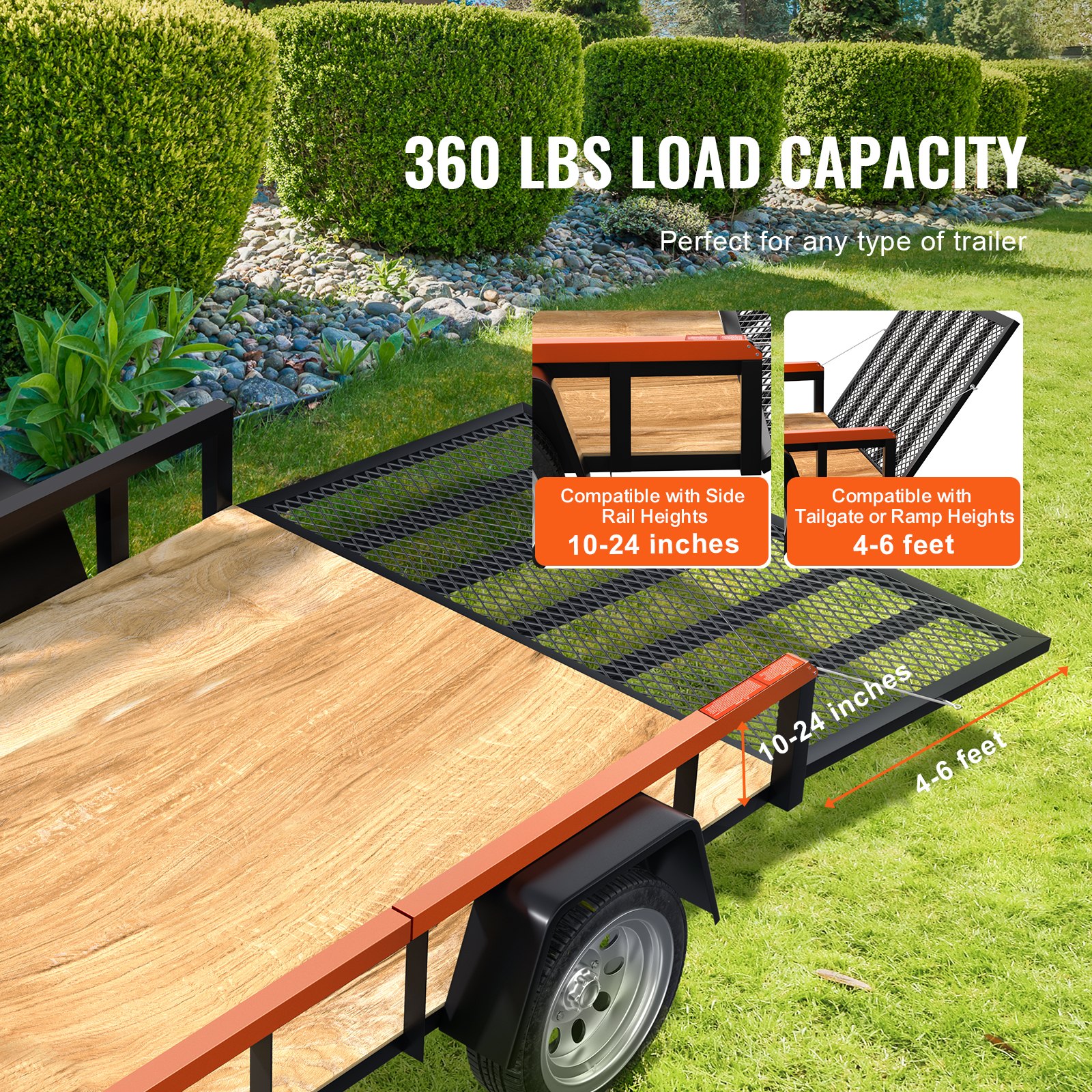 VEVOR TrailTailgate er Lift Assist, capacidad de carga máxima de 180 lb, compatible con portón trasero y rampa de remolque utilitario abierto, con riel lateral de 10 a 24 pulgadas de altura y portón trasero o rampa de 4 a 6 pies de altura