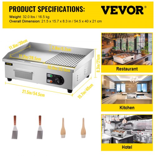 Parrilla eléctrica comercial VEVOR, parrilla para encimera, parrilla para encimera de 21"