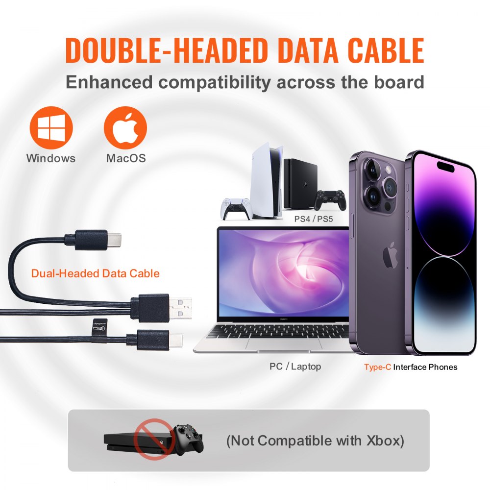 Cable de datos de doble cabezal compatible con Windows, macOS, PS4, PS5, PC, teléfonos tipo C, no Xbox.