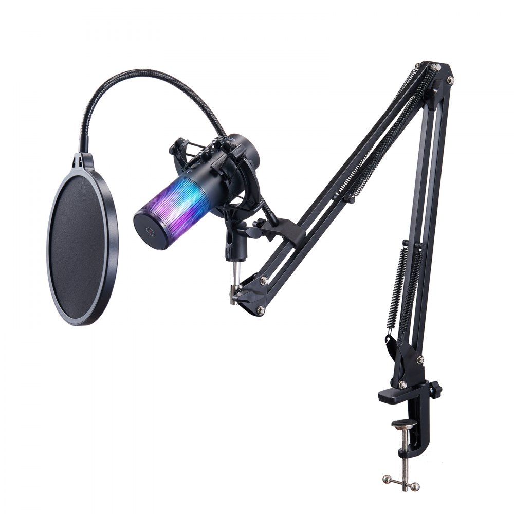 Micrófono USB VEVOR montado en brazo ajustable con filtro antipop e iluminación rgb.